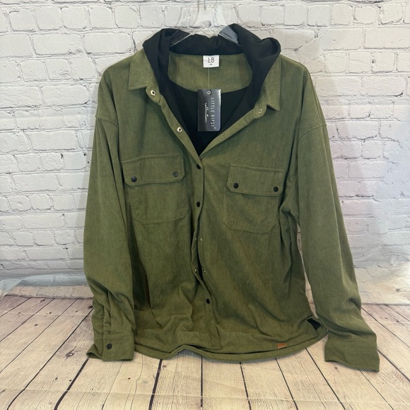 Little Bipsy Adult Green Corduroy Hooded Shacket - Picture 1 of 3